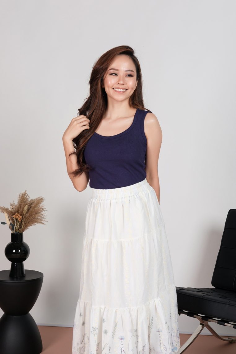 Ribbed Scoop Neck Padded Tank Top - Navy Blue