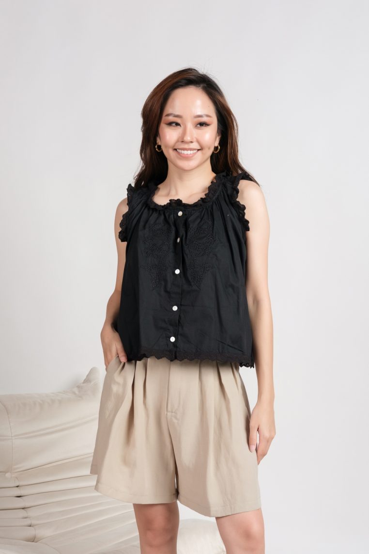 Embroidered Lace Trim Button Shirt - Black