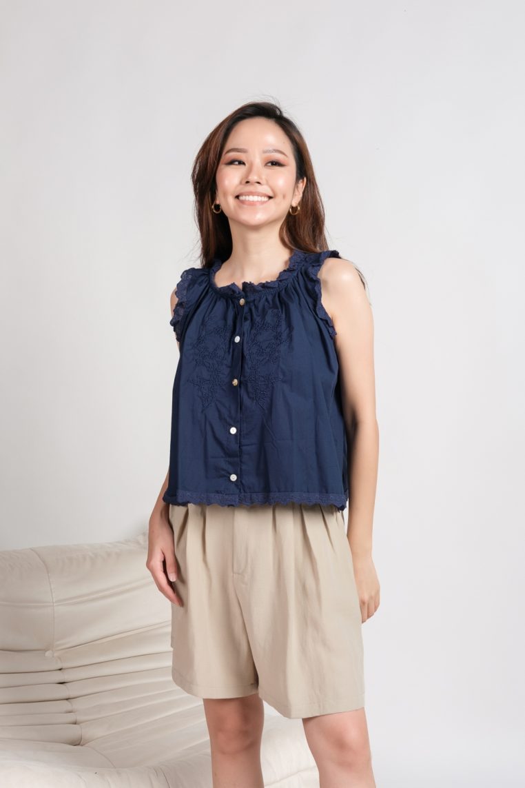 Embroidered Lace Trim Button Shirt - Navy Blue - Image 3