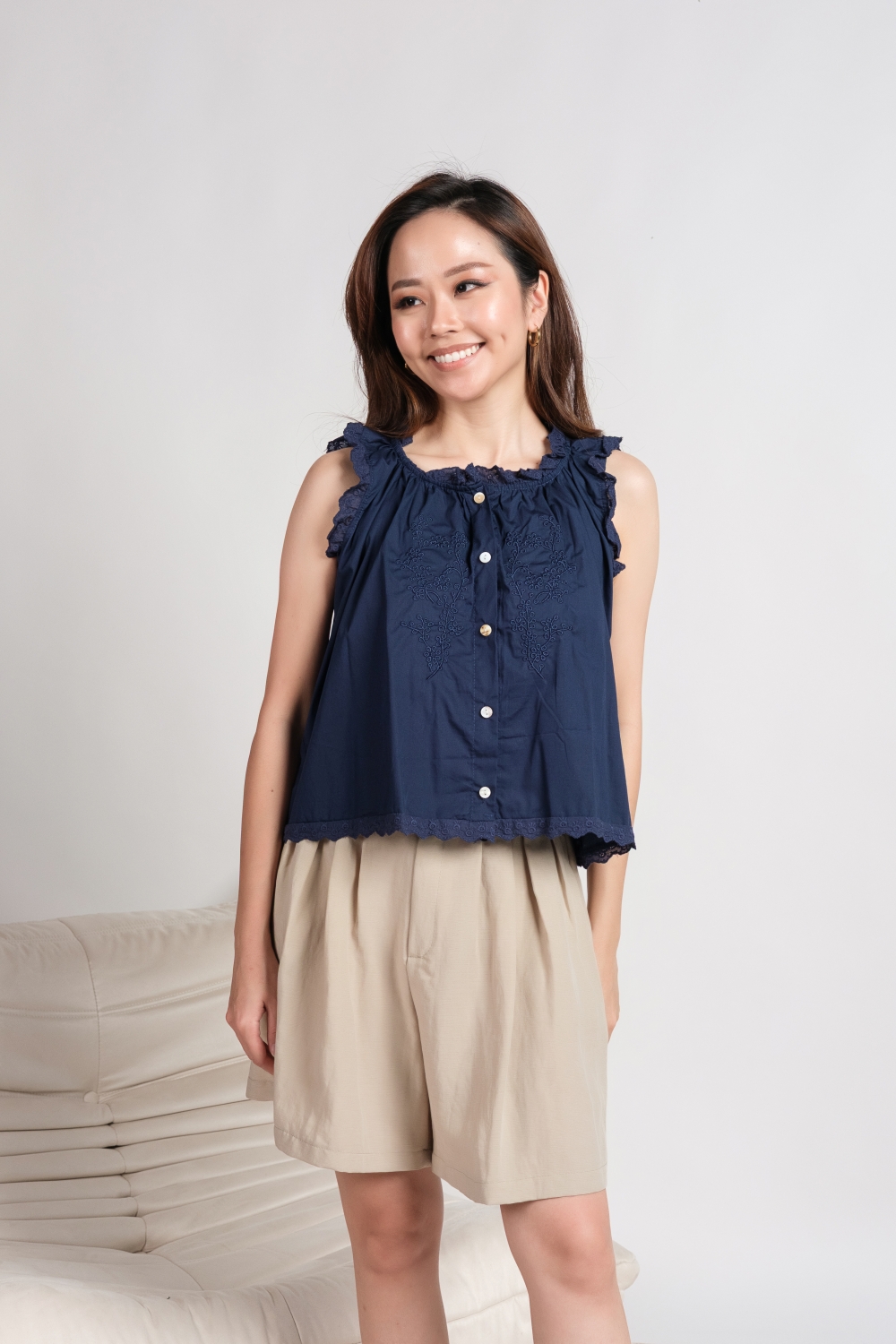 Embroidered Lace Trim Button Shirt - Navy Blue - Image 4