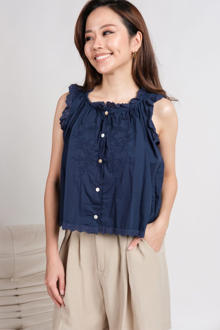 Embroidered Lace Trim Button Shirt - Navy Blue - Image 2