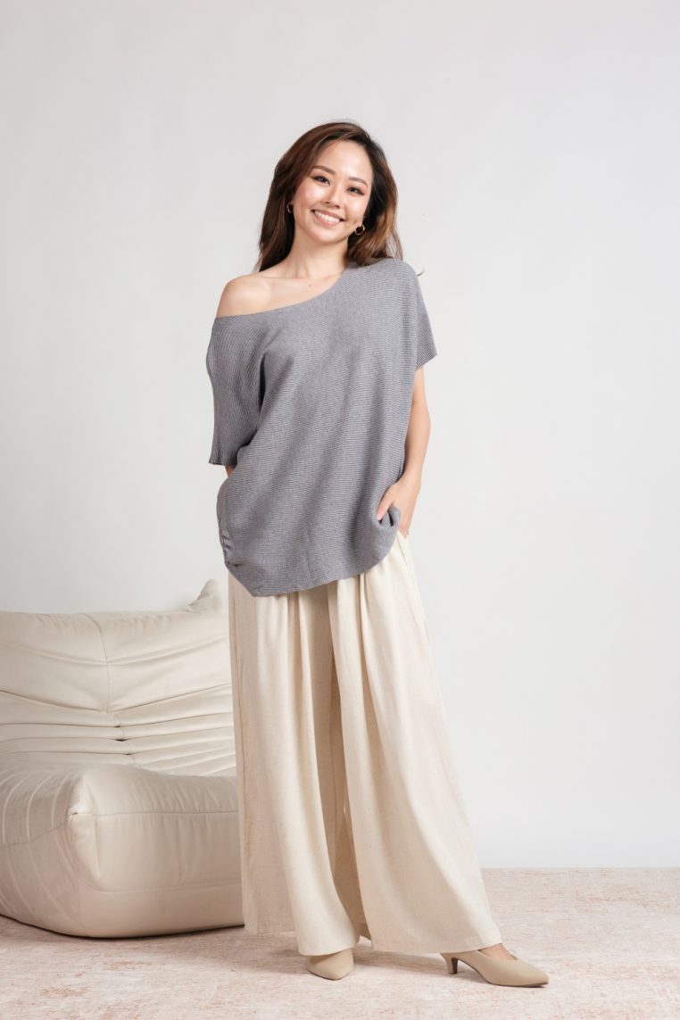 Oversized Ribbed Knit Blouse - Grey