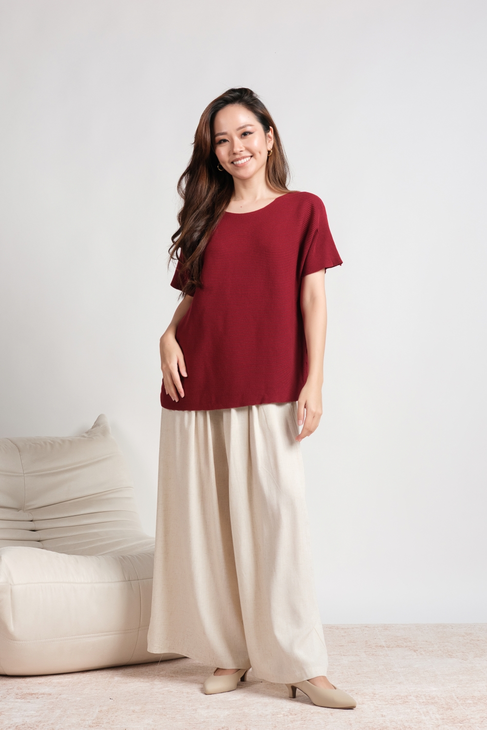Oversized Ribbed Knit Blouse - Maroon - Image 3