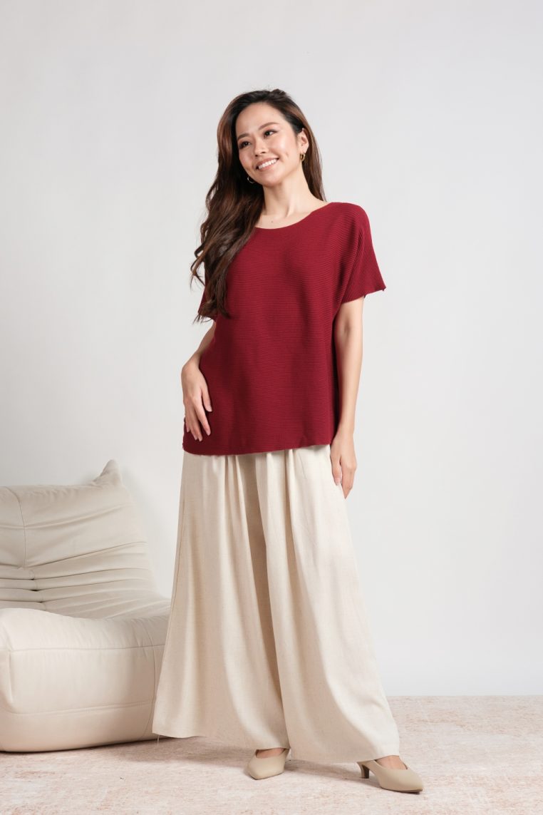 Oversized Ribbed Knit Blouse - Maroon