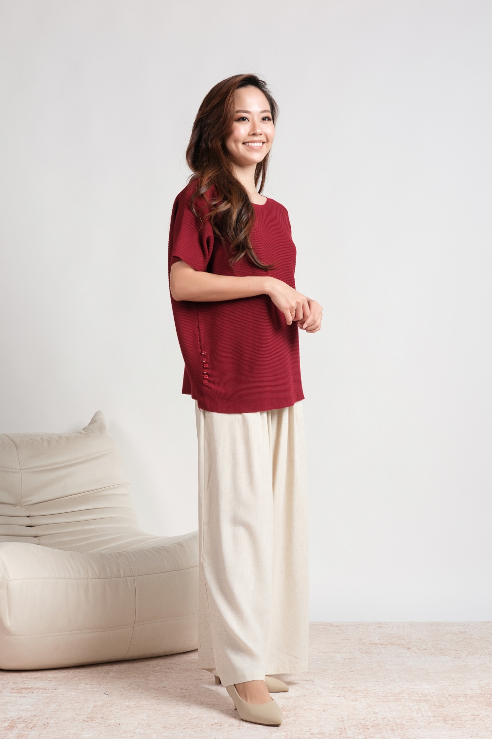 Oversized Ribbed Knit Blouse - Maroon - Image 5
