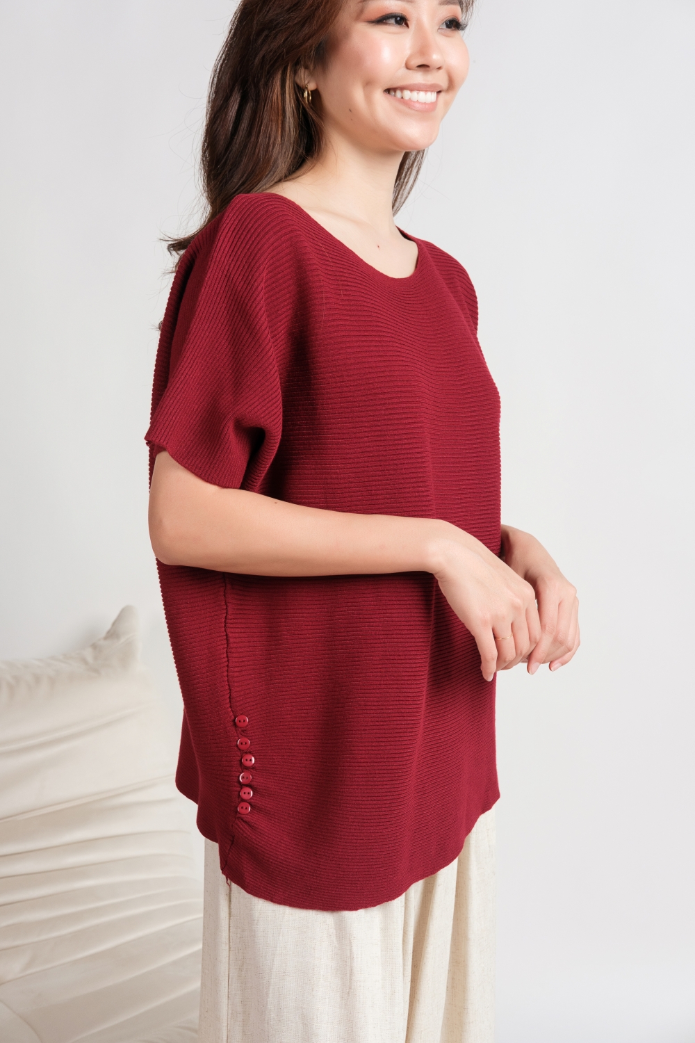 Oversized Ribbed Knit Blouse - Maroon - Image 8
