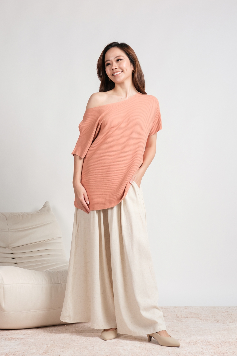 Oversized Ribbed Knit Blouse - Peach - Image 4
