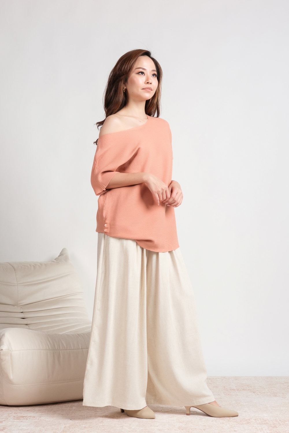 Oversized Ribbed Knit Blouse - Peach - Image 6