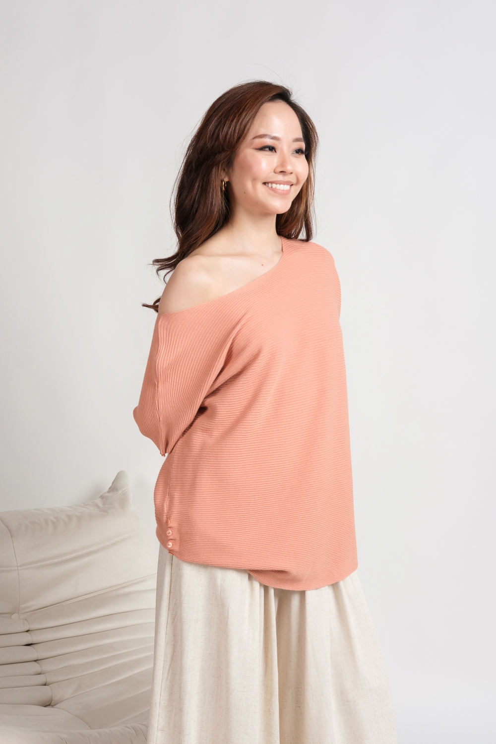 Oversized Ribbed Knit Blouse - Peach - Image 7