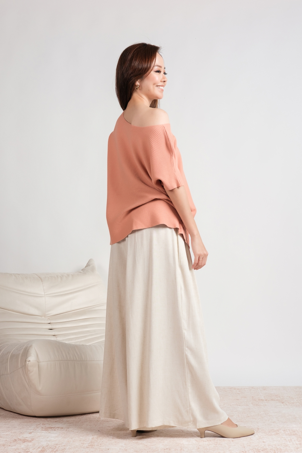 Oversized Ribbed Knit Blouse - Peach - Image 9
