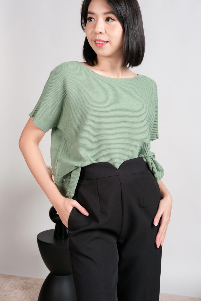 Oversized Ribbed Knit Blouse - Sage
