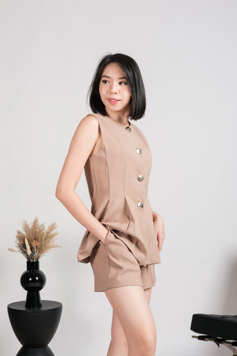 Gold Button Sleeveless Vest and Shorts Co-ord Set - Light Brown - Image 7