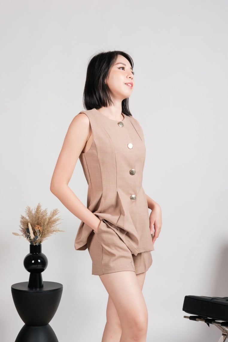 Gold Button Sleeveless Vest and Shorts Co-ord Set - Light Brown - Image 9