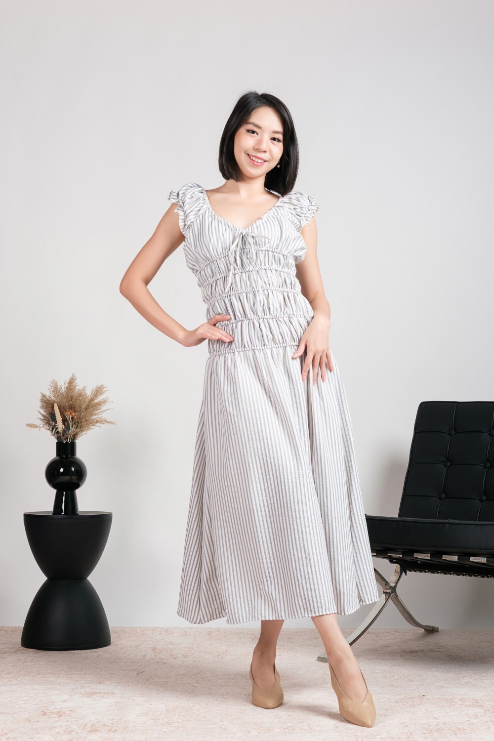 Striped Smocked Maxi Dress - Blue Grey