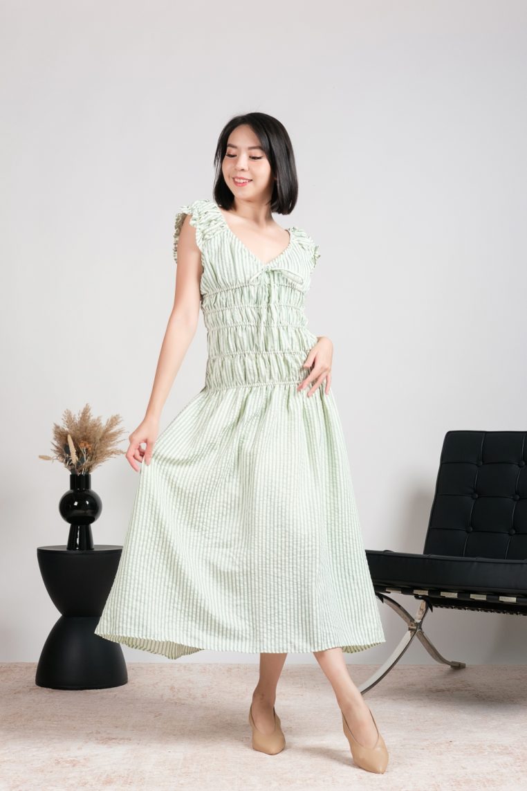 Striped Smocked Maxi Dress - Green