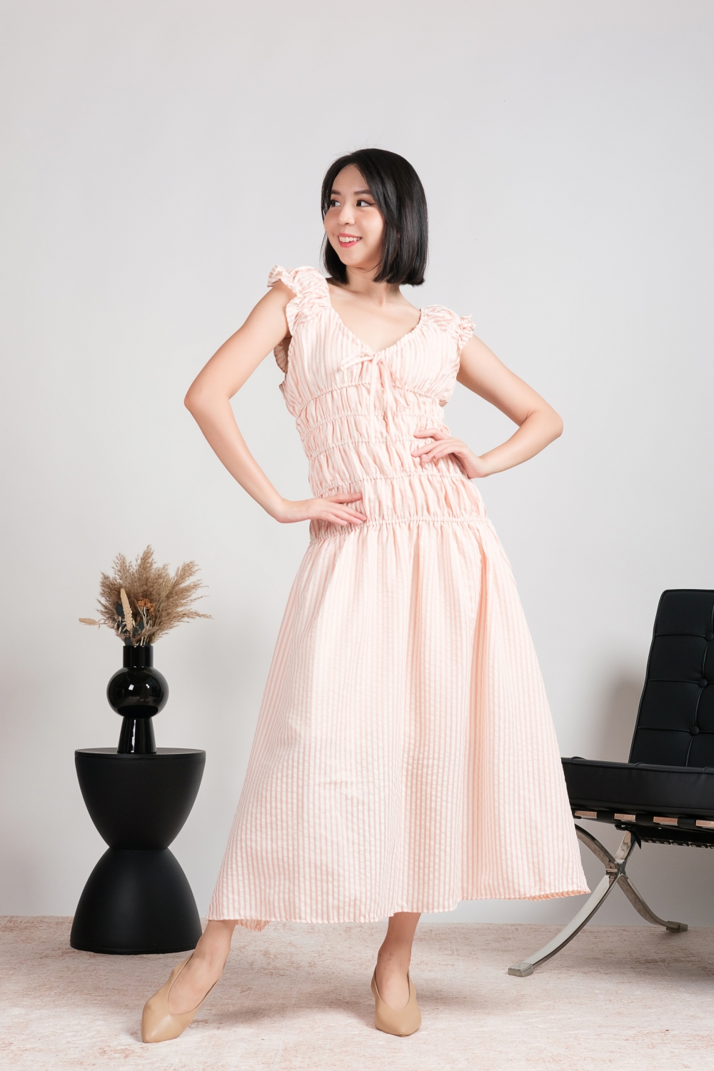 Striped Smocked Maxi Dress - Peach