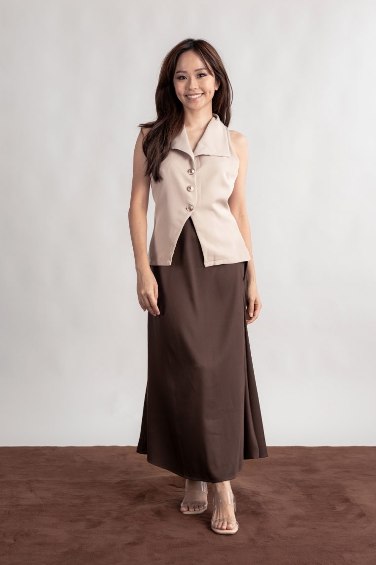 Gold Button Vest and Maxi Skirt Co-ord Set - Beige