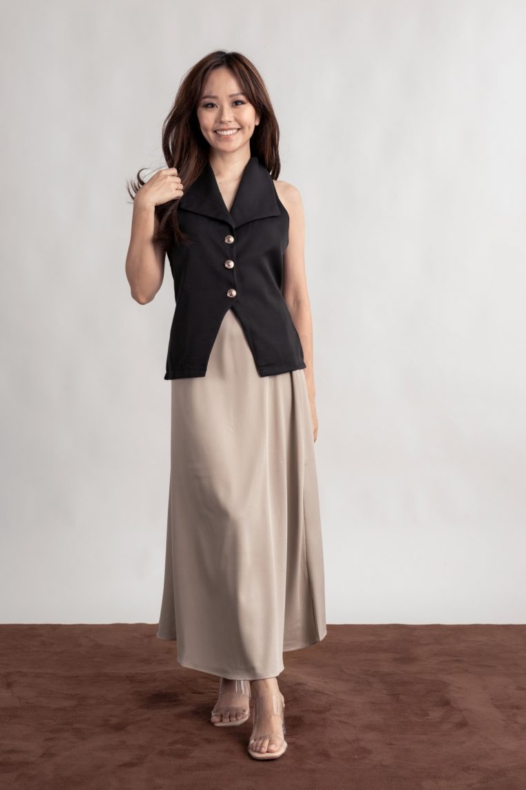 Gold Button Vest and Maxi Skirt Co-ord Set - Black