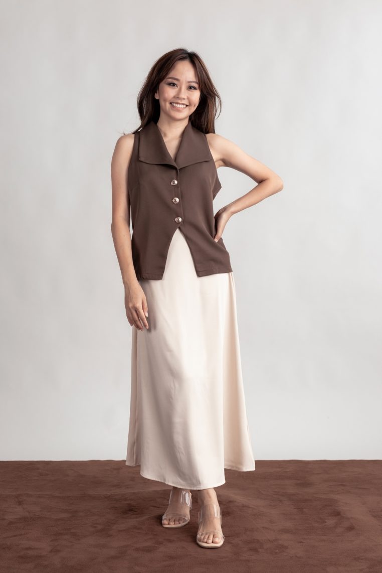 Gold Button Vest and Maxi Skirt Co-ord Set - Brown - Image 3