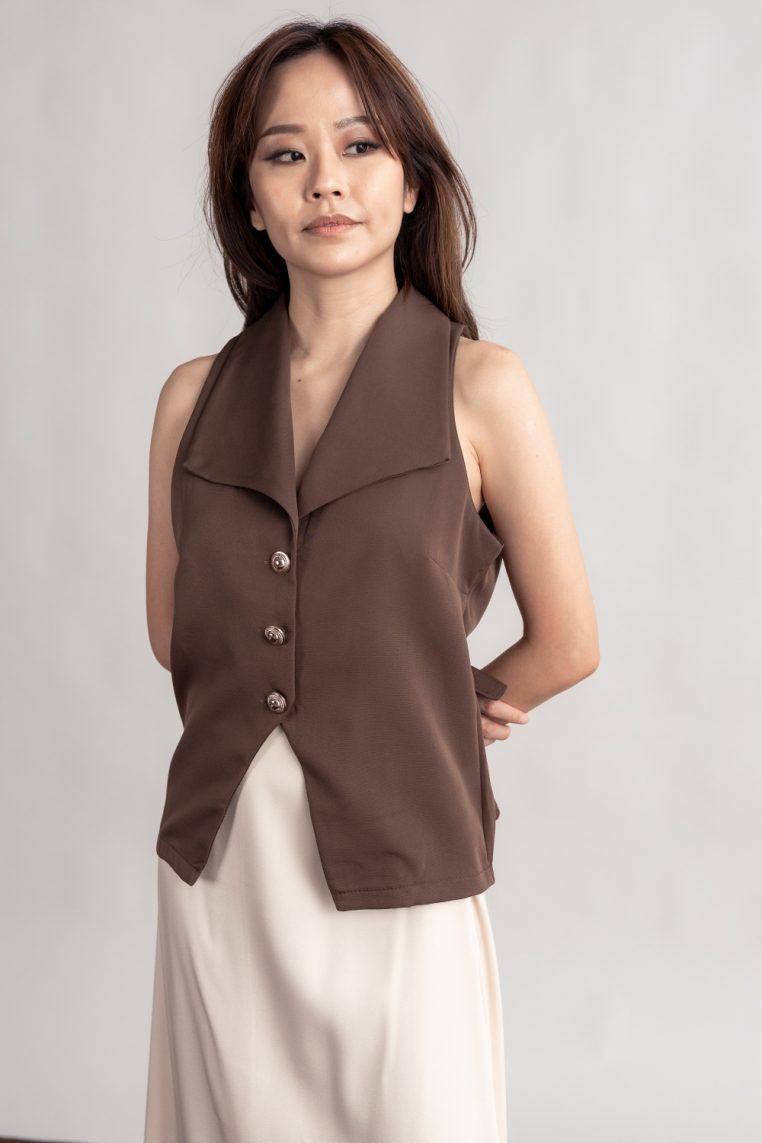 Gold Button Vest and Maxi Skirt Co-ord Set - Brown - Image 11