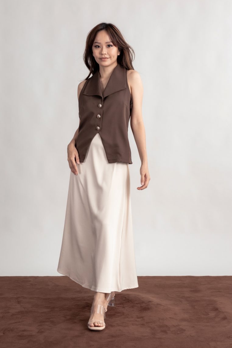 Gold Button Vest and Maxi Skirt Co-ord Set - Brown