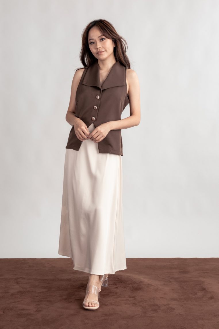 Gold Button Vest and Maxi Skirt Co-ord Set - Brown - Image 4