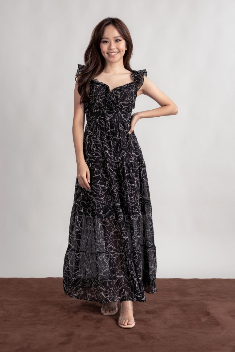 Alternative view of Floral Embossed Padded Maxi Dress - Black