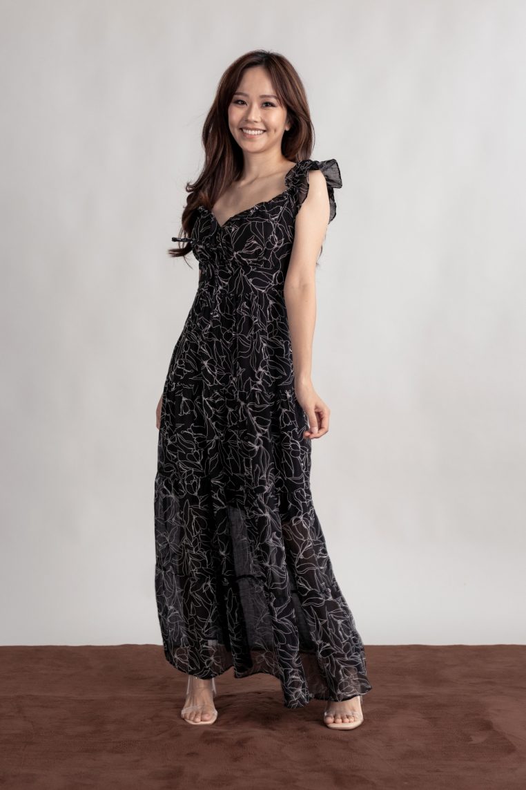 Floral Embossed Padded Maxi Dress - Black