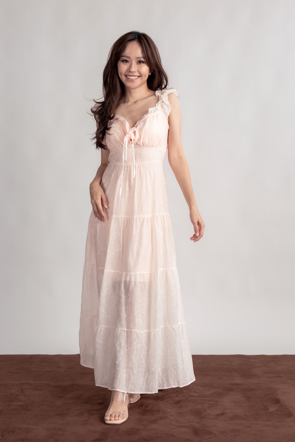 Floral Embossed Padded Maxi Dress - Pink