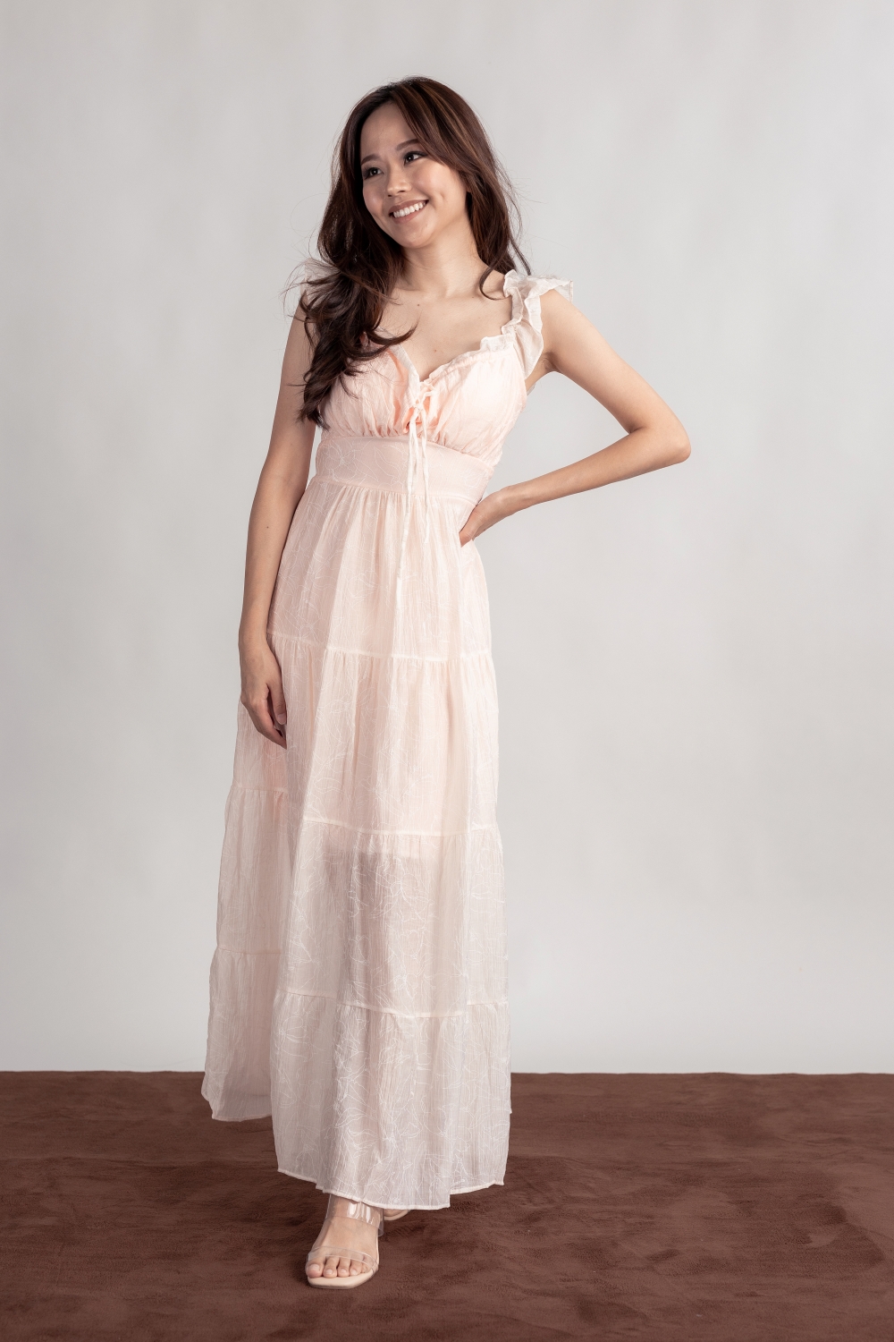 Floral Embossed Padded Maxi Dress - Pink - Image 3