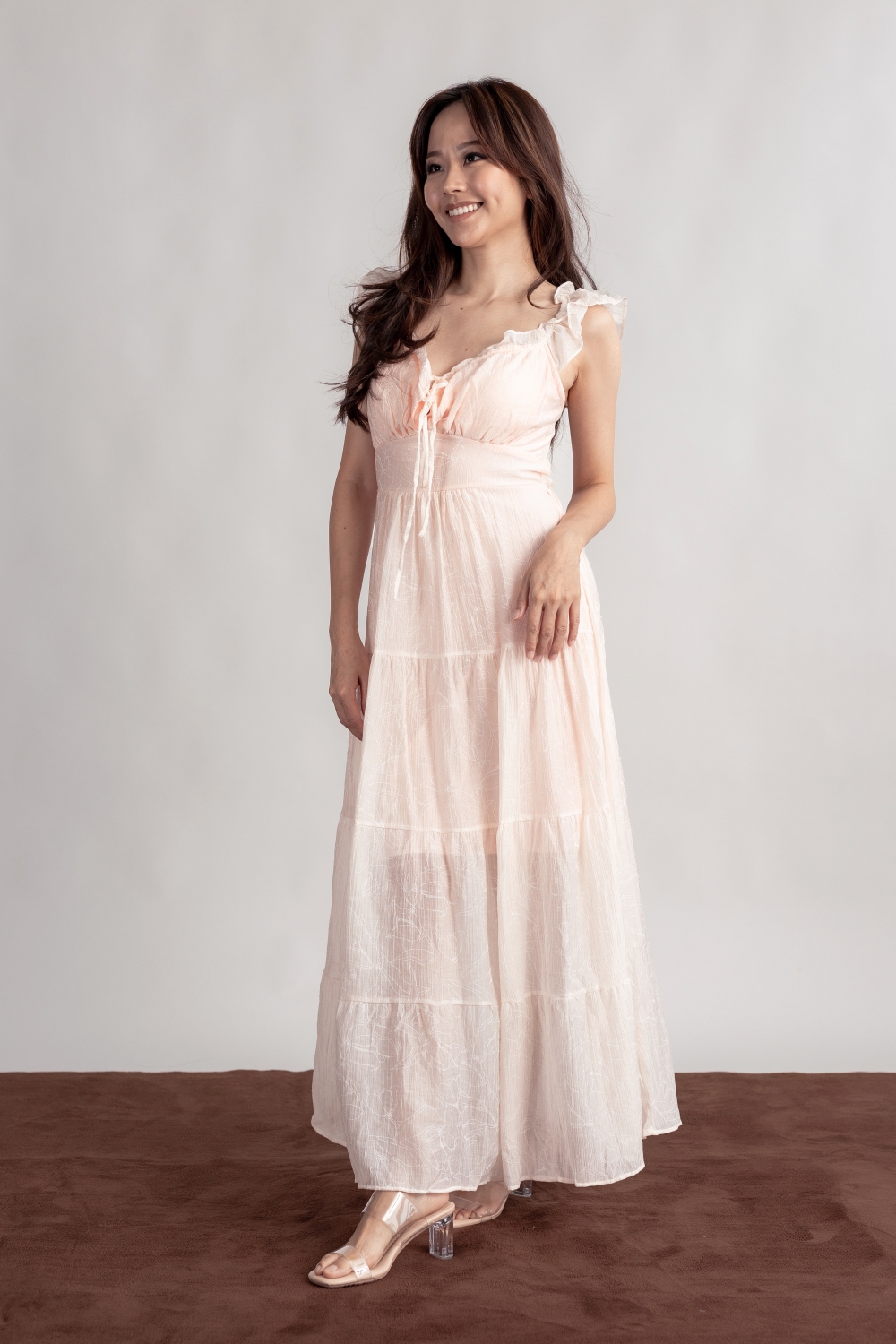 Floral Embossed Padded Maxi Dress - Pink - Image 4