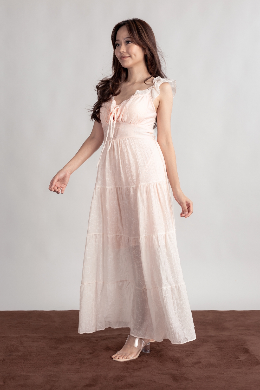 Floral Embossed Padded Maxi Dress - Pink - Image 5