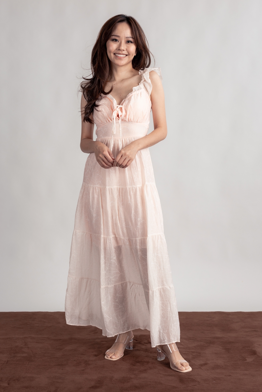Floral Embossed Padded Maxi Dress - Pink - Image 6