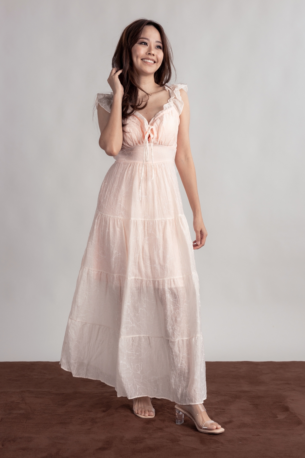 Floral Embossed Padded Maxi Dress - Pink - Image 7