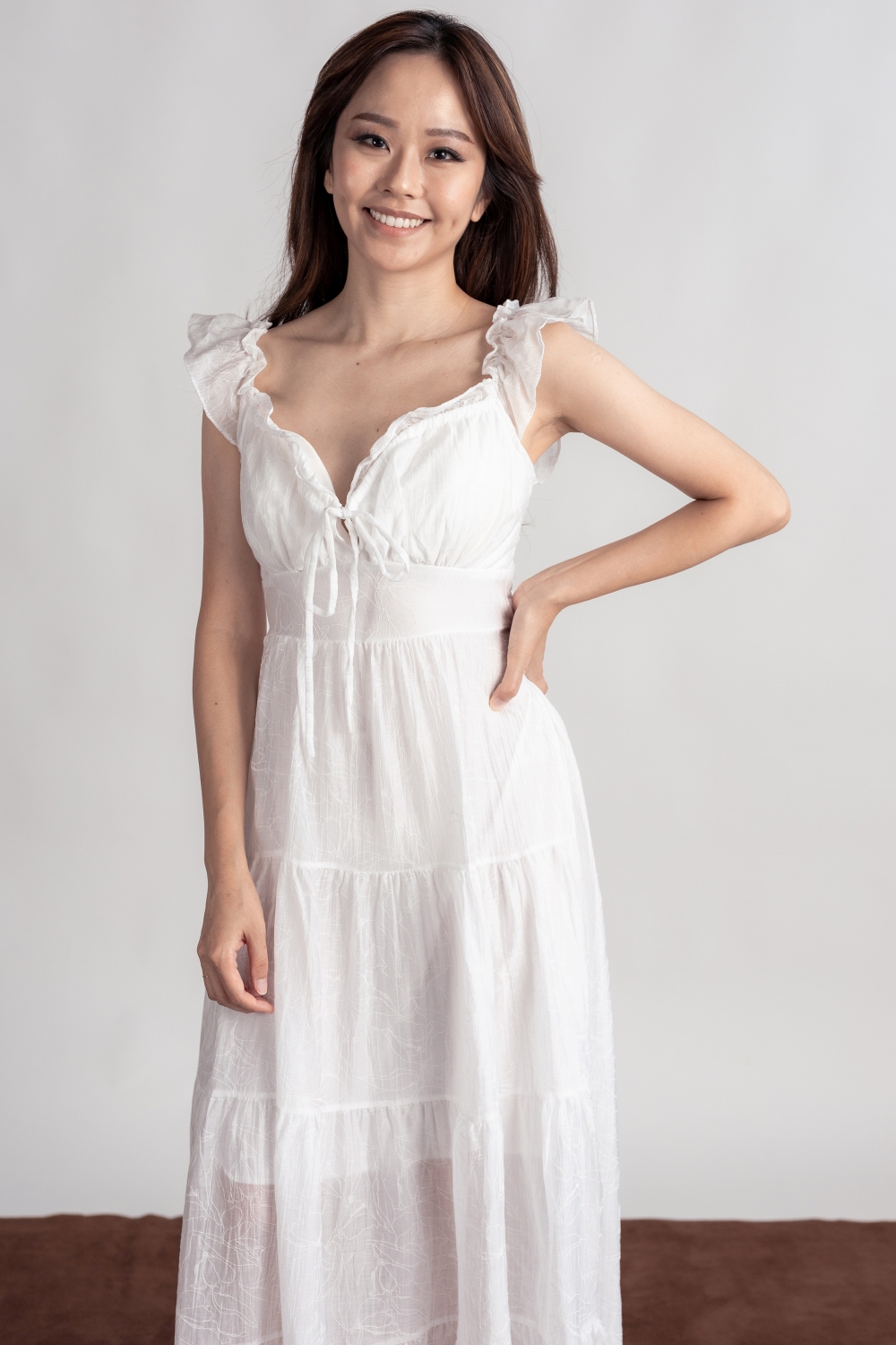 Floral Embossed Padded Maxi Dress - White - Image 7