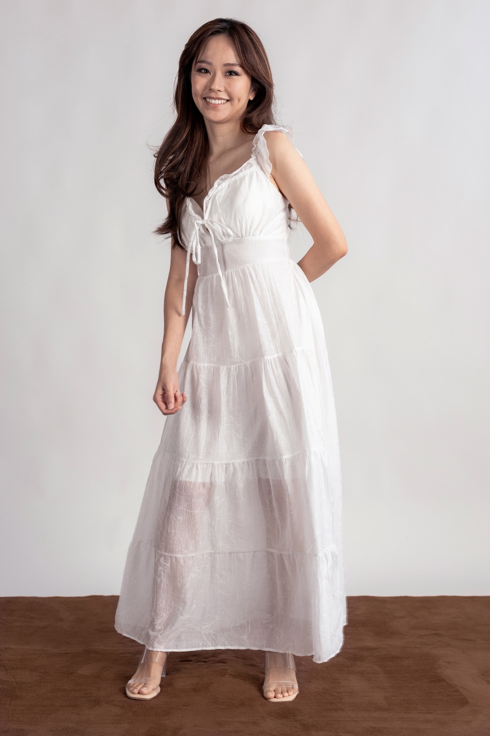 Floral Embossed Padded Maxi Dress - White - Image 4