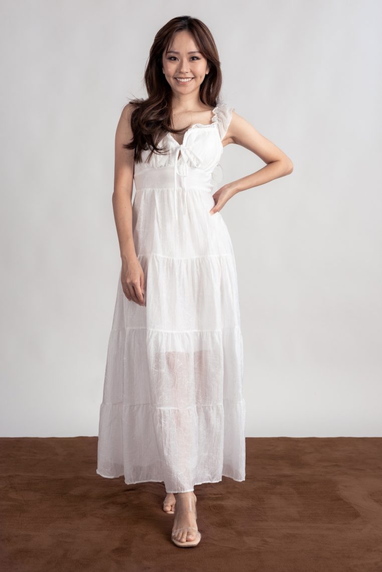 Floral Embossed Padded Maxi Dress - White - Image 5