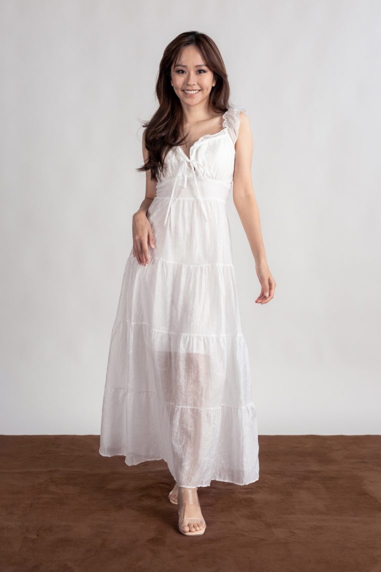 Floral Embossed Padded Maxi Dress - White - Image 6