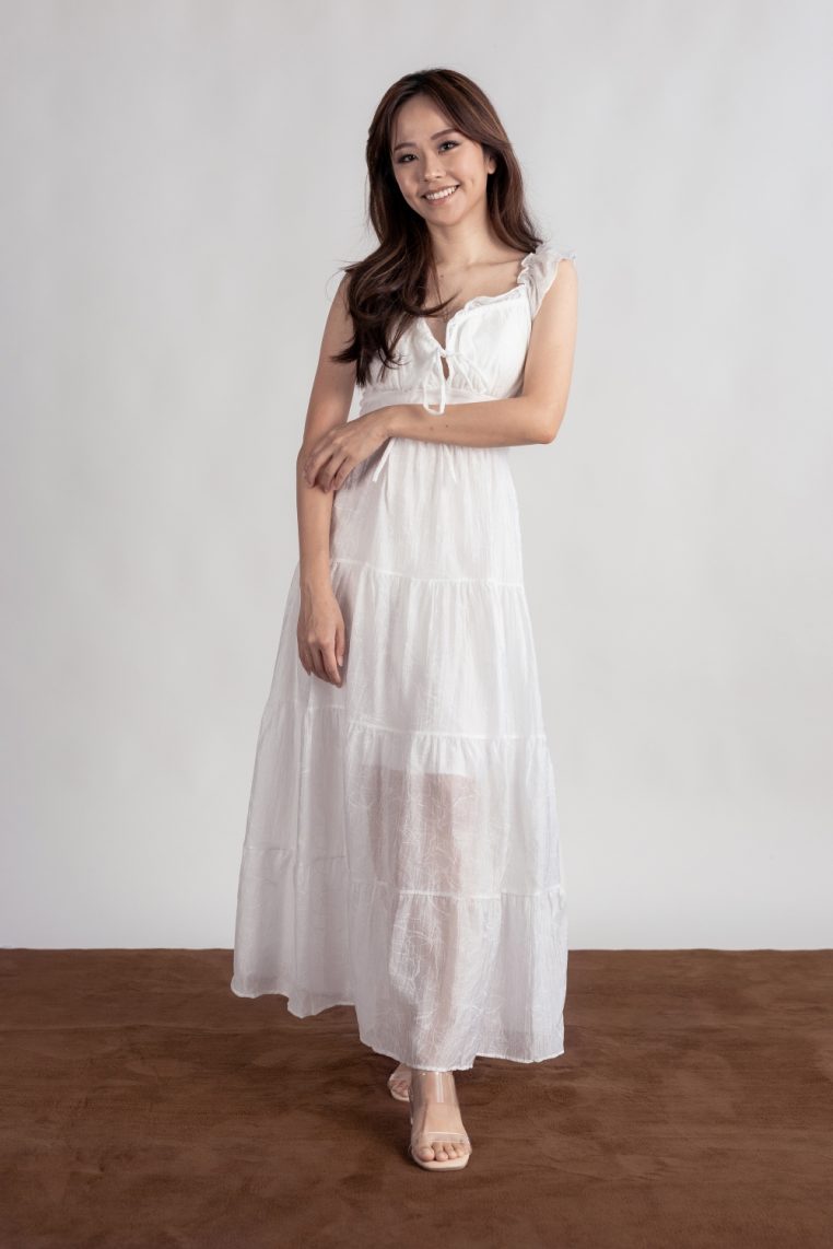 Floral Embossed Padded Maxi Dress - White - Image 8