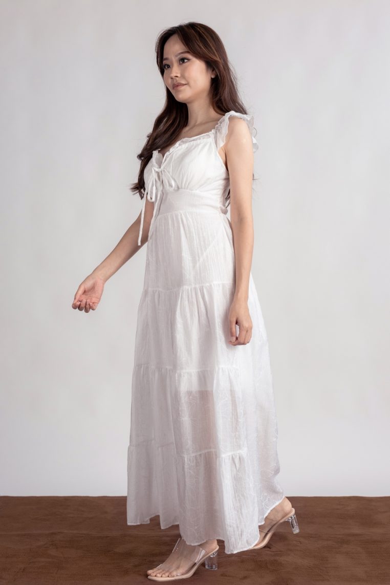 Floral Embossed Padded Maxi Dress - White - Image 9