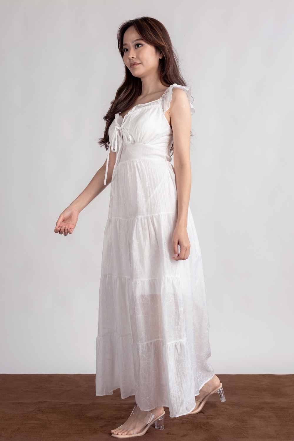Floral Embossed Padded Maxi Dress - White - Image 9
