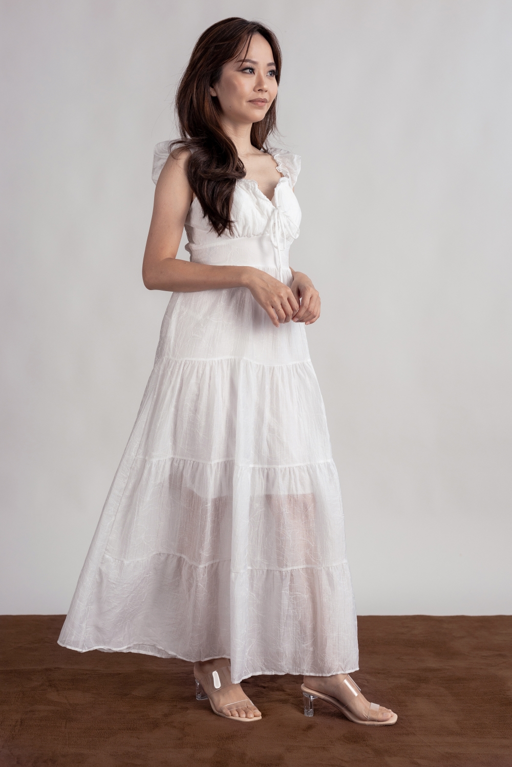 Floral Embossed Padded Maxi Dress - White - Image 11