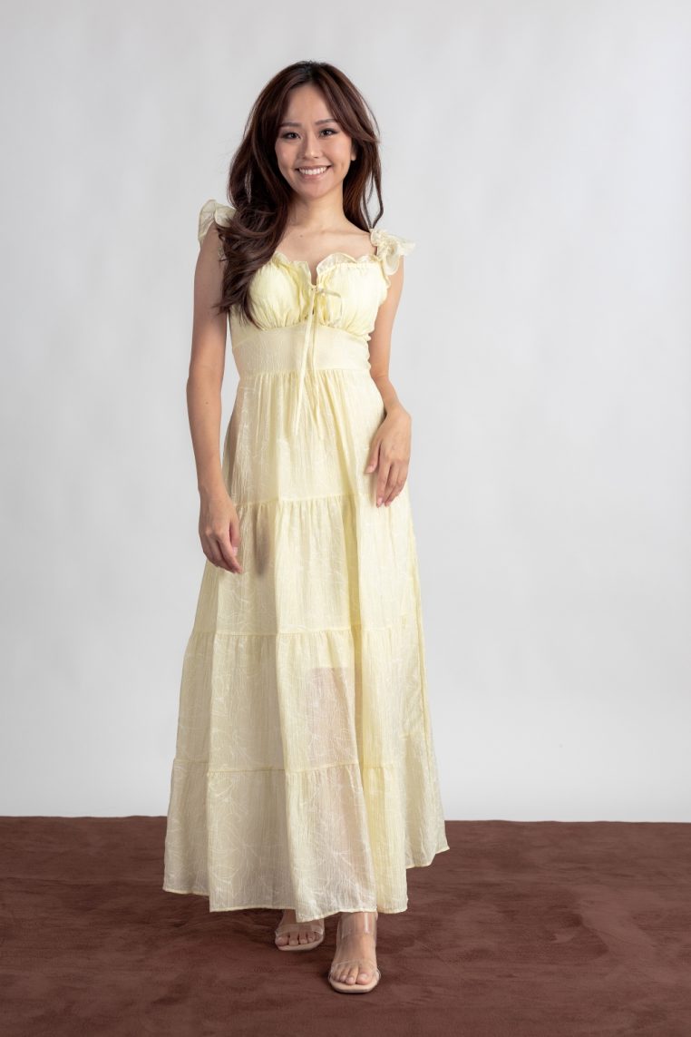 Floral Embossed Padded Maxi Dress - Yellow - Image 4