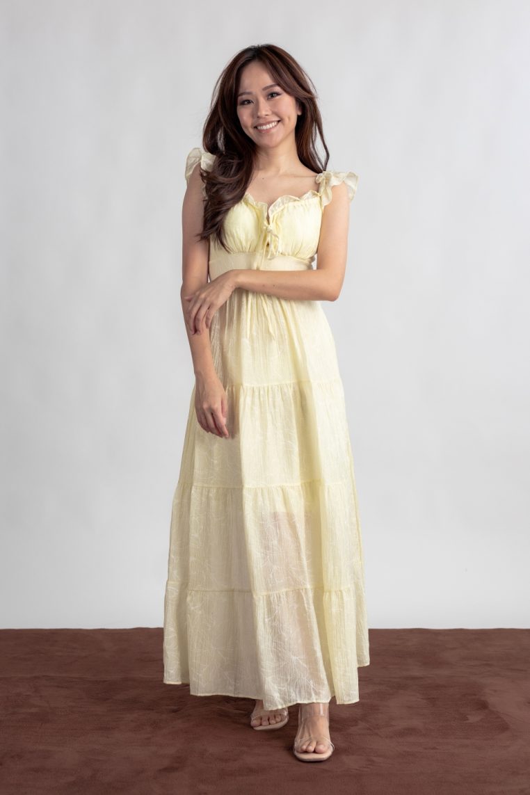 Floral Embossed Padded Maxi Dress - Yellow - Image 5
