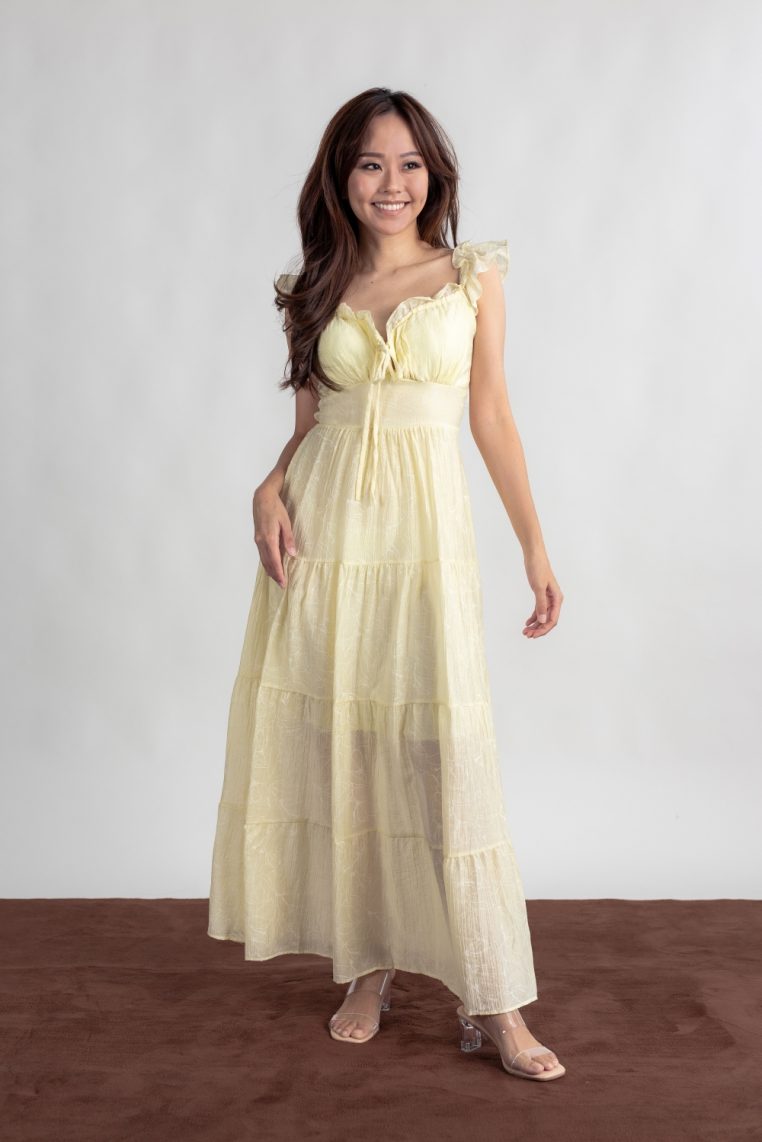 Floral Embossed Padded Maxi Dress - Yellow - Image 6