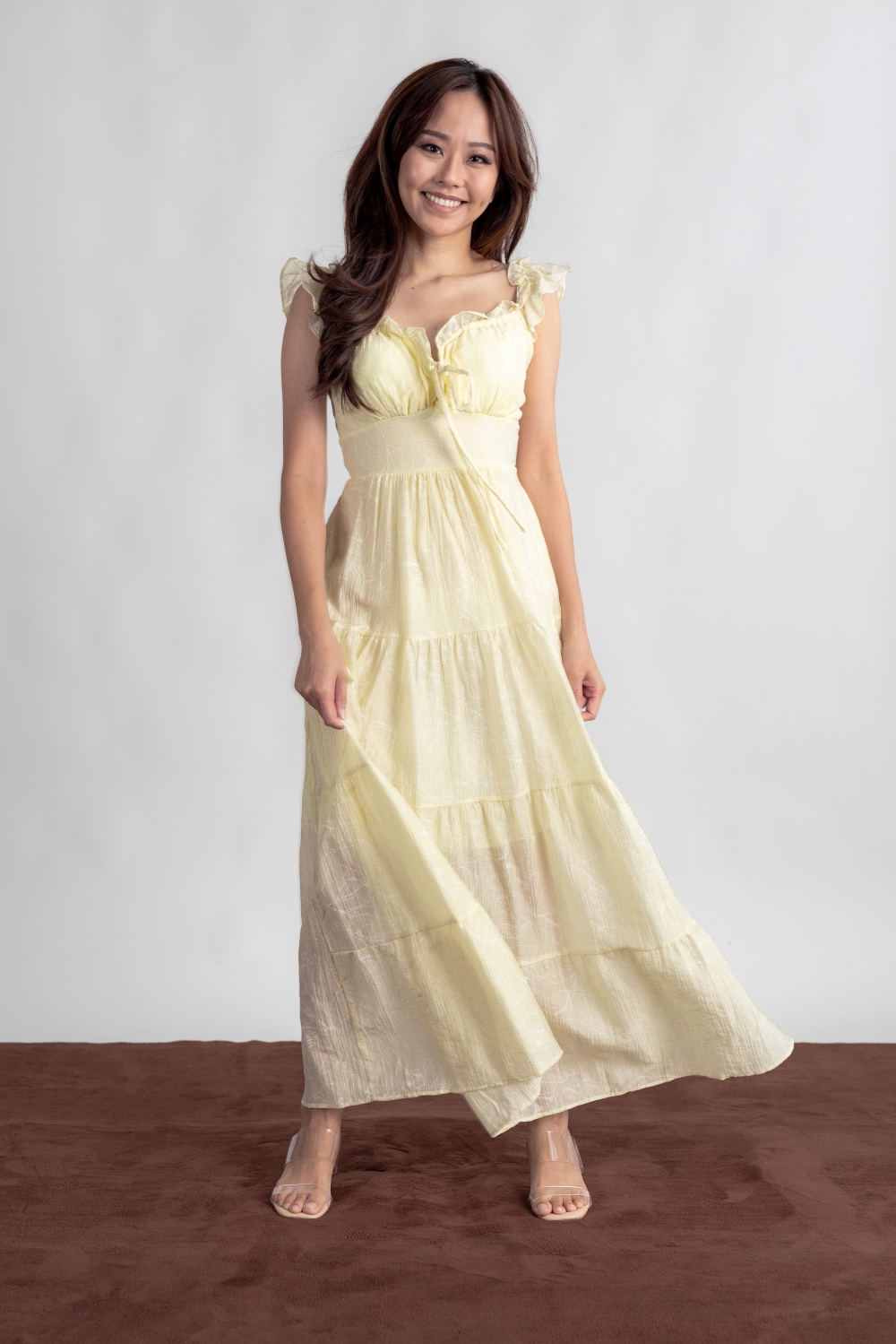 Floral Embossed Padded Maxi Dress - Yellow
