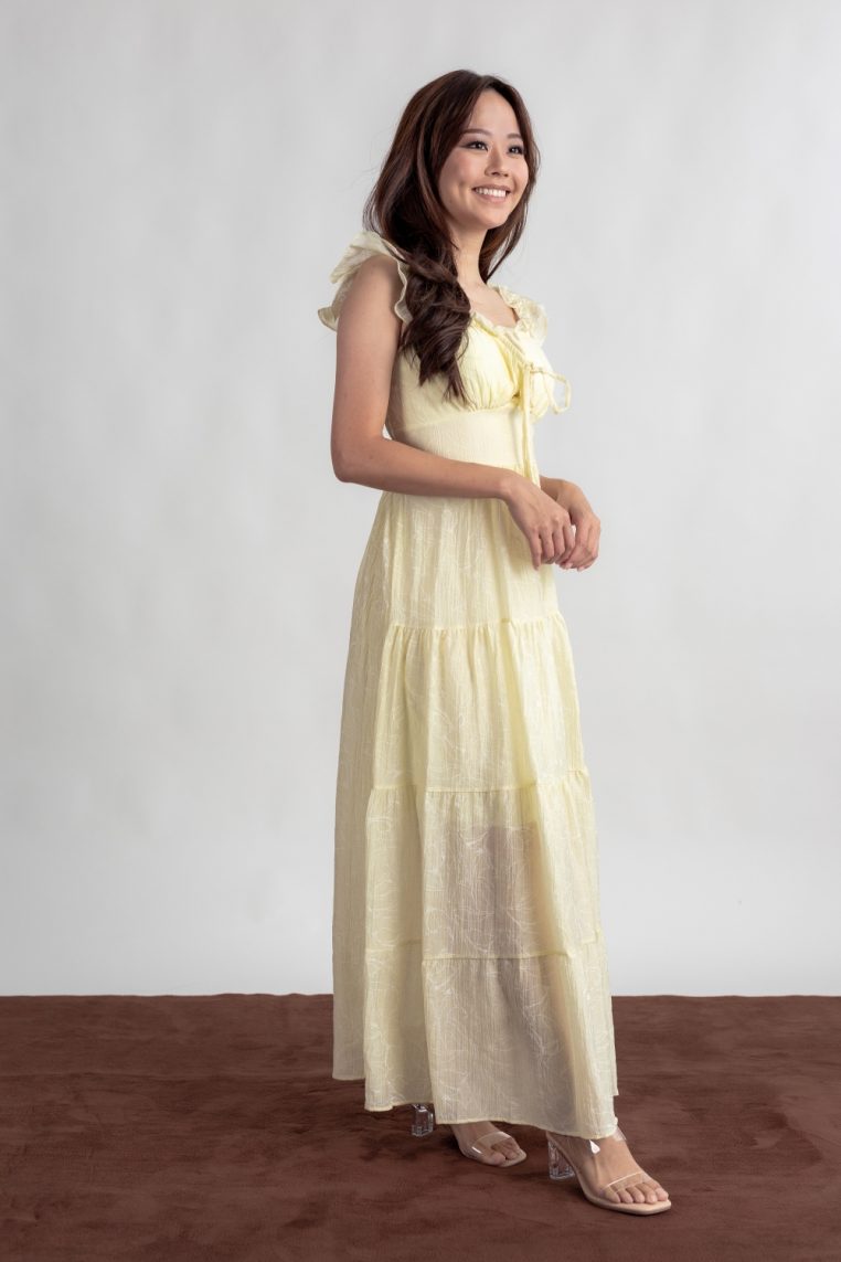 Floral Embossed Padded Maxi Dress - Yellow - Image 9
