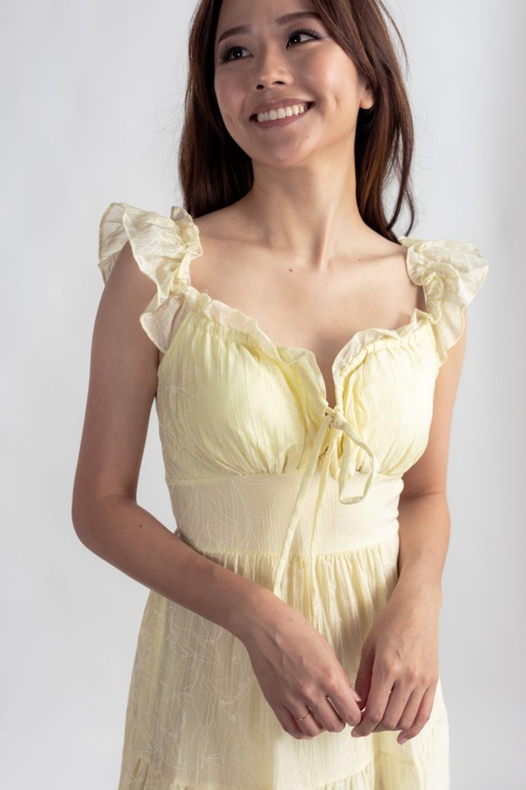 Floral Embossed Padded Maxi Dress - Yellow - Image 3