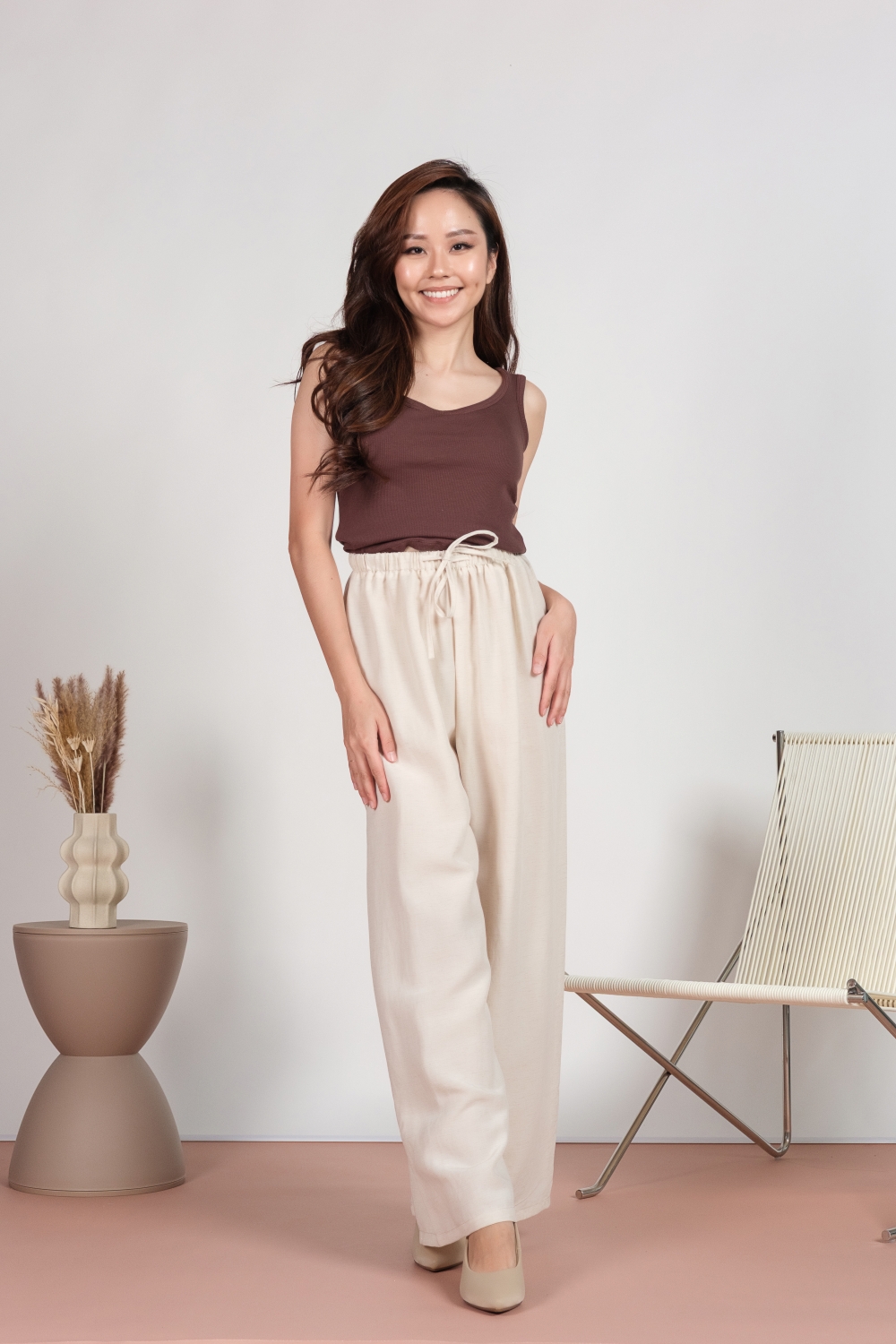 Linen Drawstring Pants - Beige - Image 3