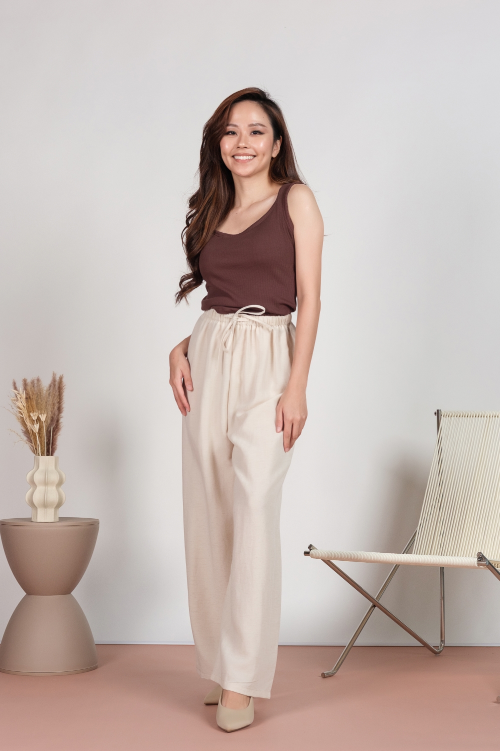 Linen Drawstring Pants - Beige - Image 5